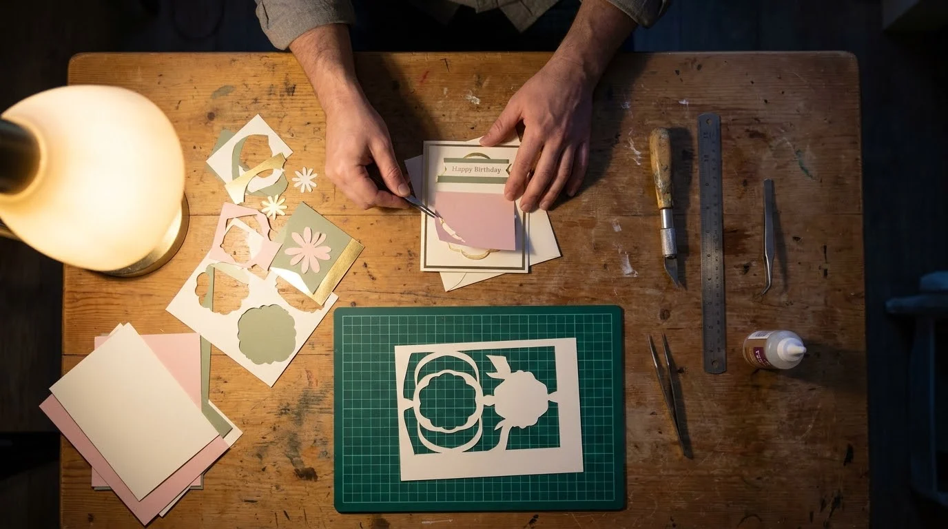 Craft knife, metal ruler and tweezers beside a hand-cut birthday card on a green cutting mat