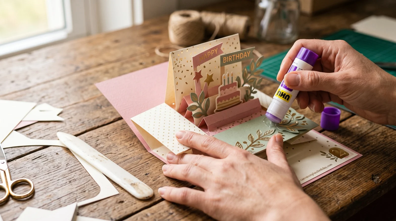 Assembling a layered pop-up birthday card by folding and gluing cut cardstock pieces