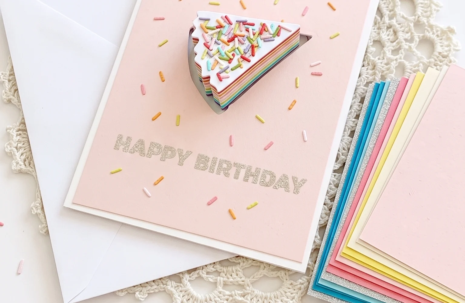 Pink birthday card with a 3D layered rainbow cake-slice pop-up covered in sprinkles and silver glitter Happy Birthday lettering, next to a white envelope and a fanned stack of colored cardstock sheets