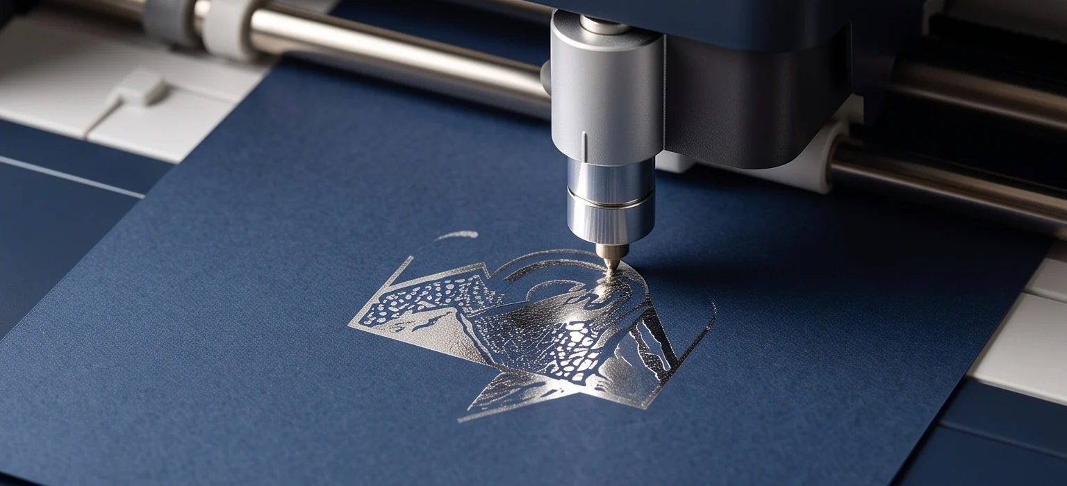 Cricut Maker cutting a metallic-foil design out of navy cardstock