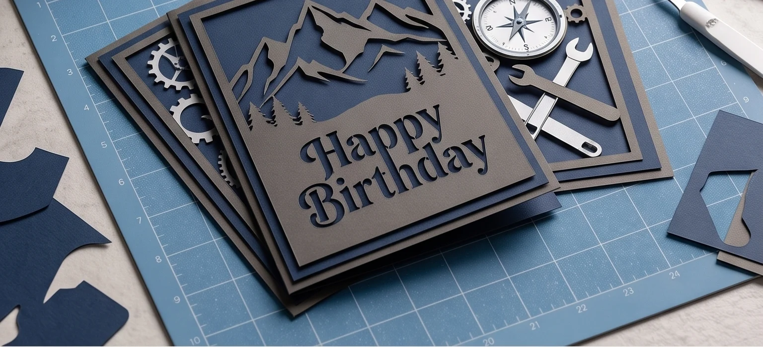 Stack of cut navy cardstock birthday cards with a mountain scene and Happy Birthday lettering, next to a compass and wrench charm