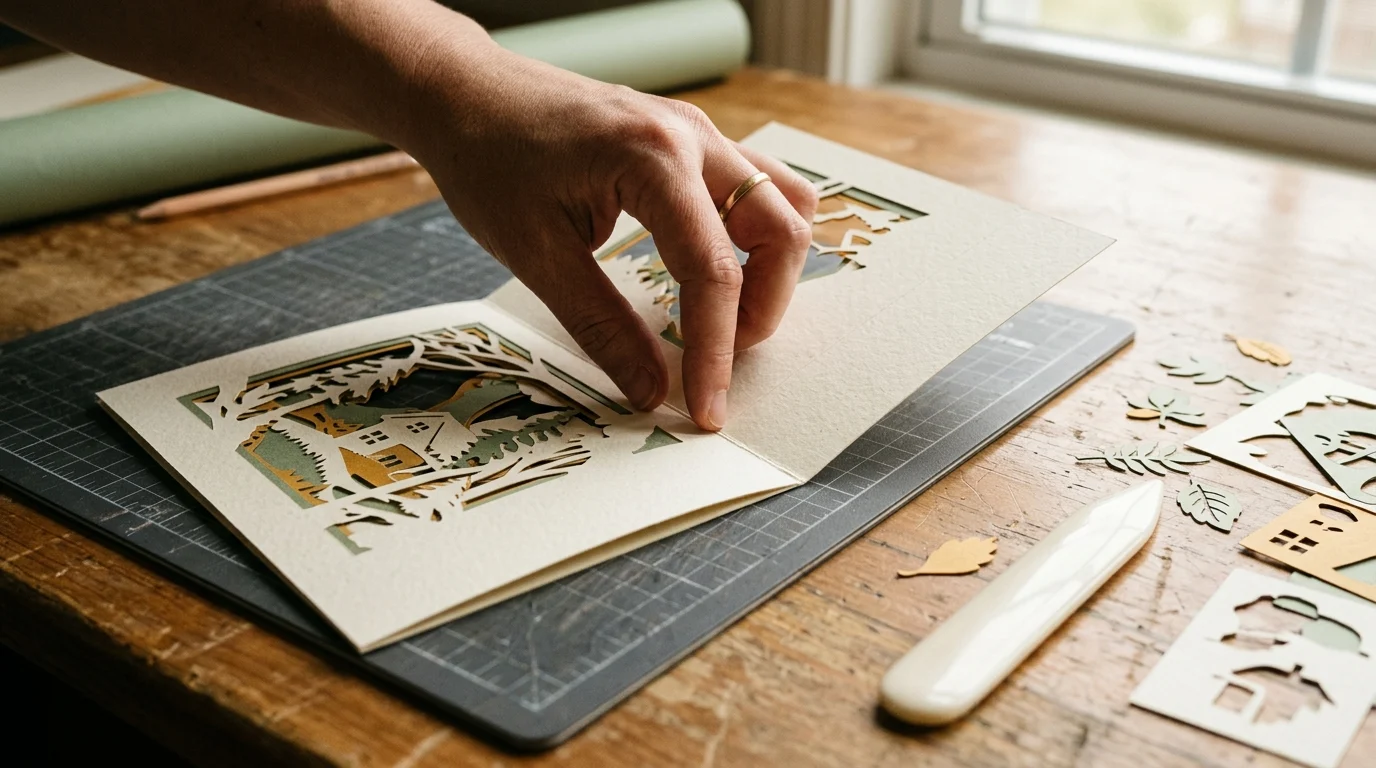 Hand folding a cut pop-up card along its score line