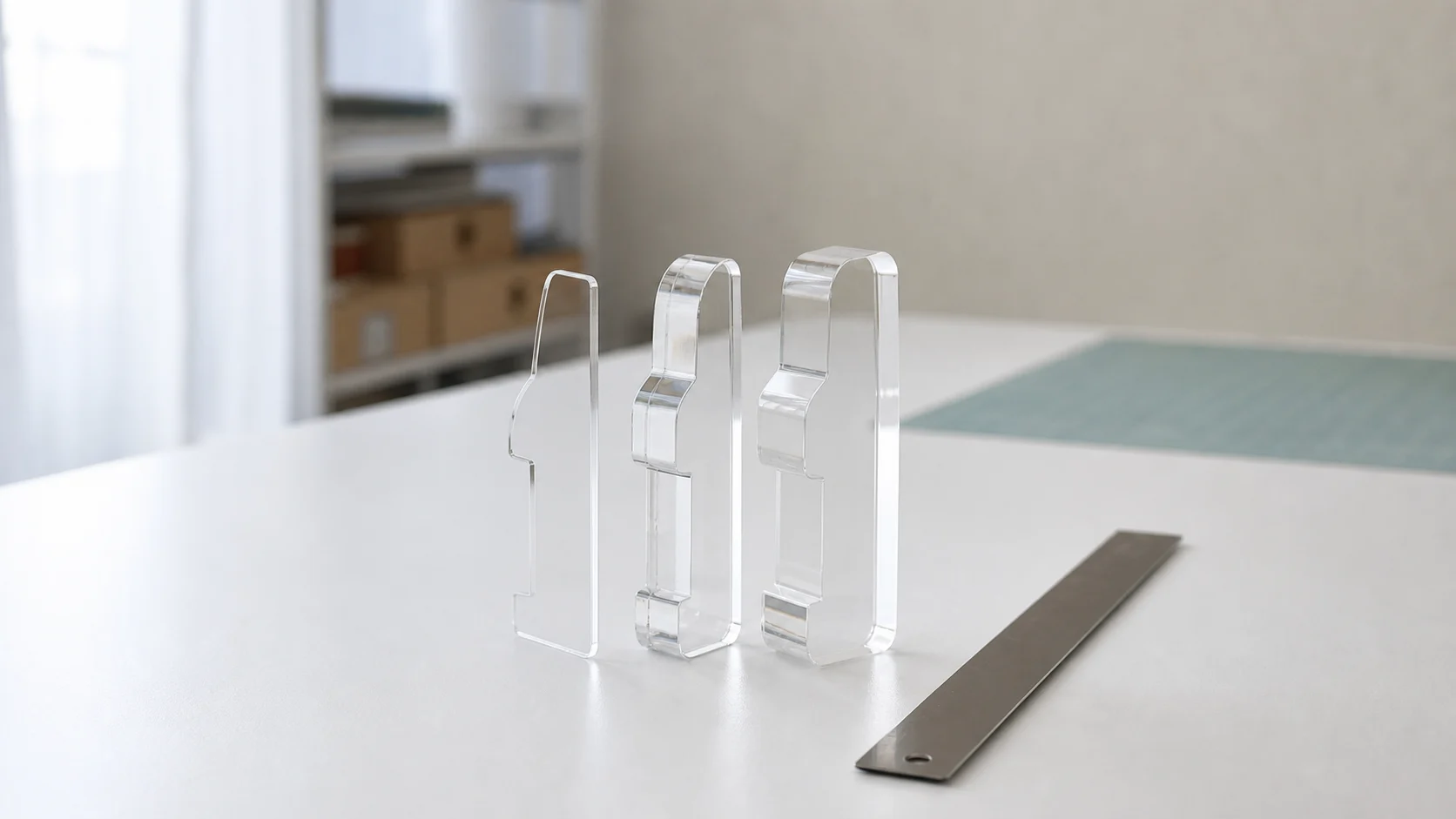 Three laser-cut acrylic pieces of the same shape in rising thickness, next to a steel ruler