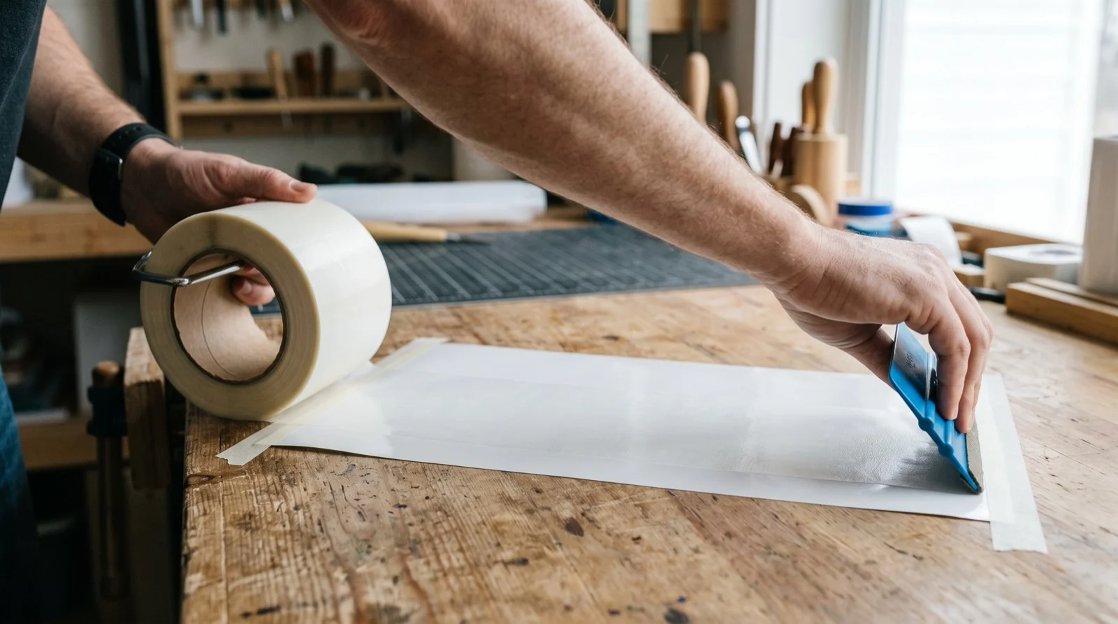 Roll of wide transfer tape being smoothed across a sheet with a squeegee