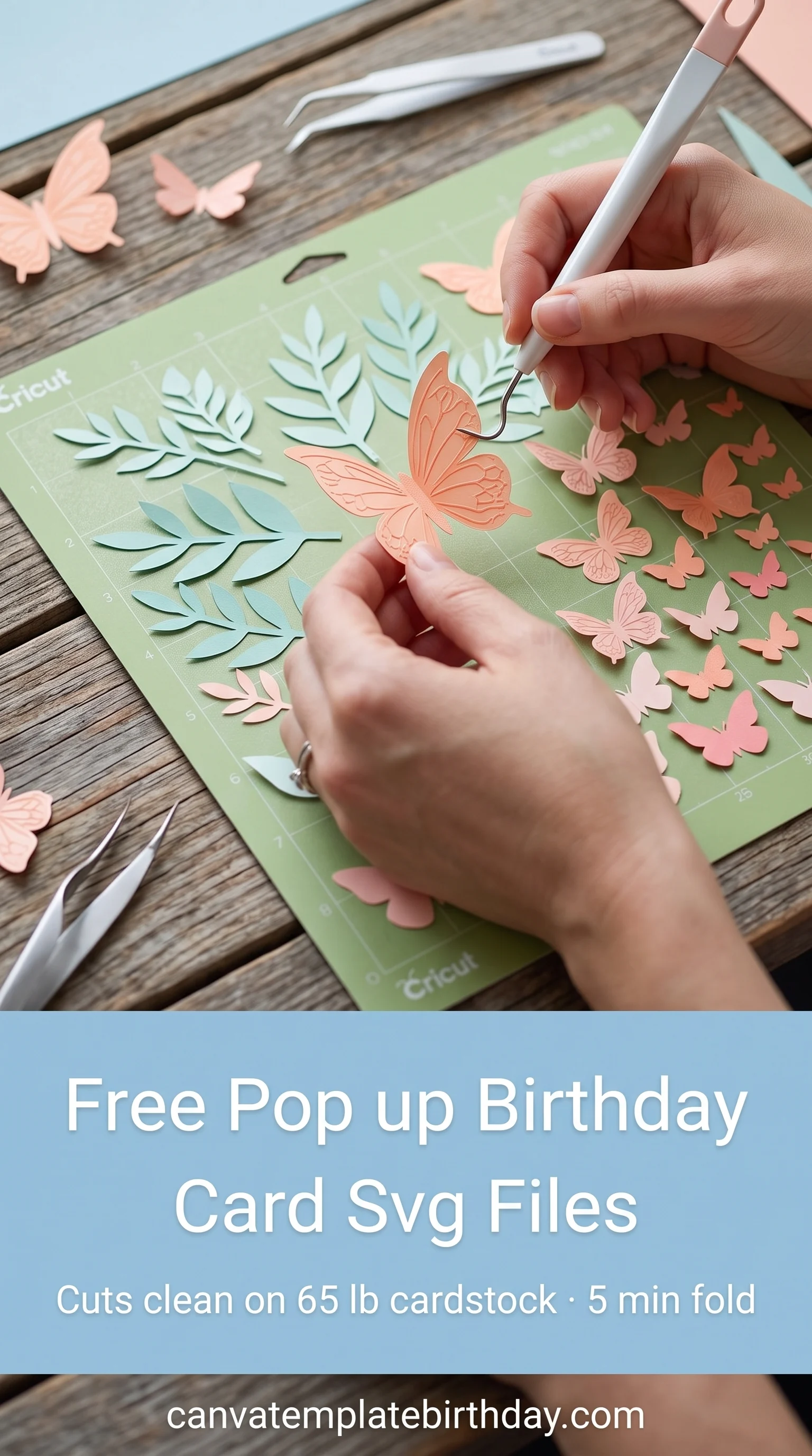Hands weeding coral butterflies and mint leaves from a green cutting mat with a hook tool