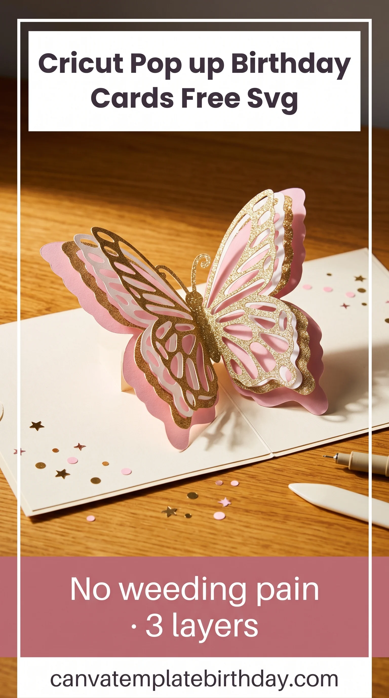 Pink and gold layered butterfly pop up card standing on a cream card base