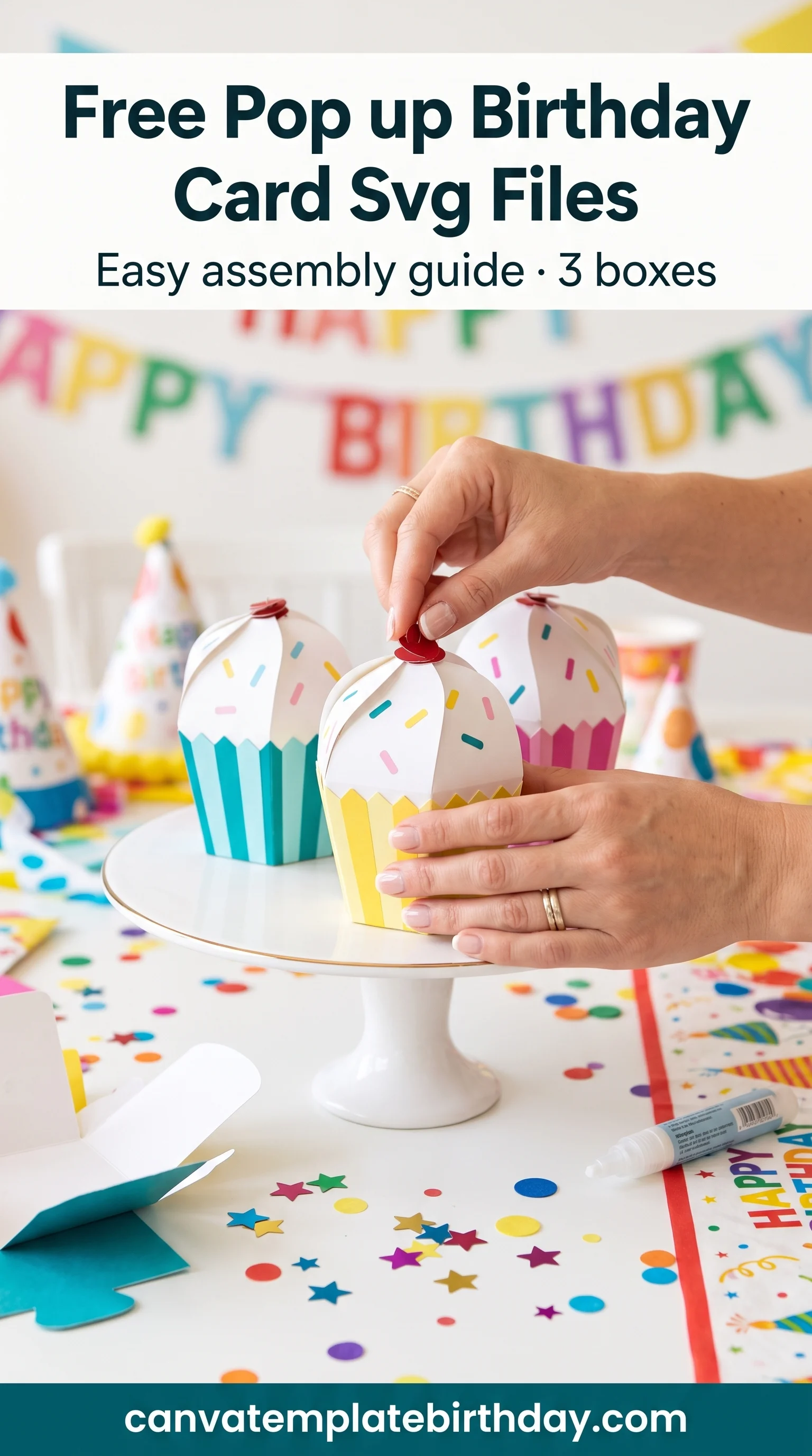 Hands assembling paper cupcake favour boxes on a white cake stand with confetti
