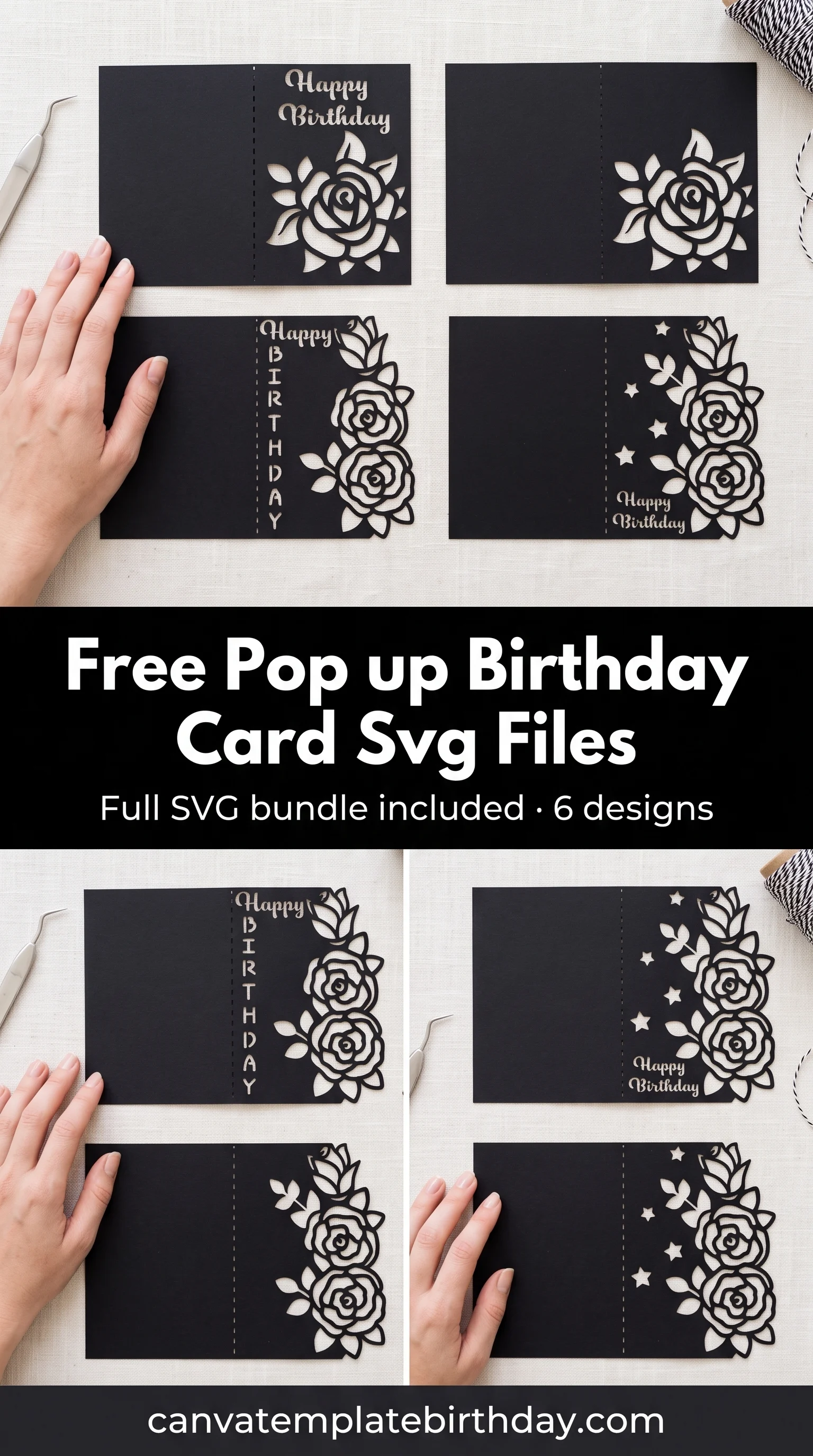 Six black cut paper rose birthday cards arranged on a pale linen surface